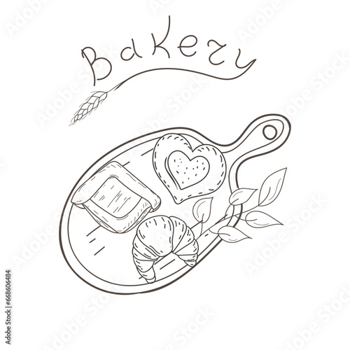 Sweet pastries on a cutting board, croissant, buns, vector illustration in doodle style. Hand-drawn, isolated white background.