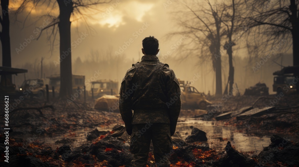 A soldier standing before a cemetery represent sadn. Generative AI. A soldier standing before a cemetery represent sadn. Generative AI.