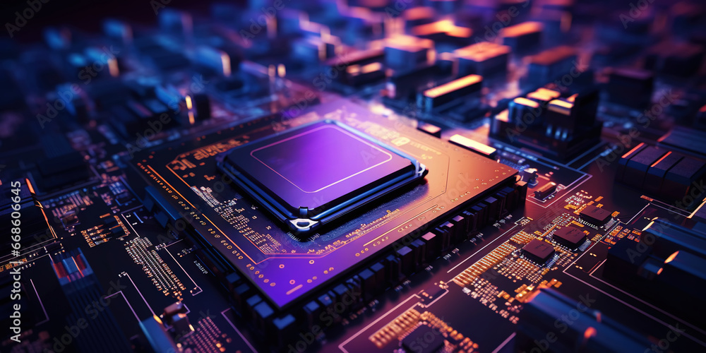 Heart of the Machine: Microprocessor in Purple Glow. Motherboard concept. Generative AI Heart of the Machine: Microprocessor in Purple Glow. Motherboard concept. Generative AI