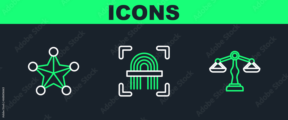Set line Scales of justice, Hexagram sheriff and Fingerprint icon. Vector Set line Scales of justice, Hexagram sheriff and Fingerprint icon. Vector