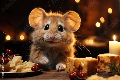 Happy new year greeting card with cute mouse and cheese in Christmas decoration. Animal wildlife holidays cartoon character.