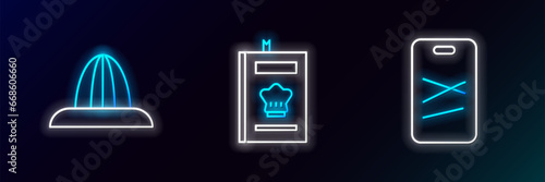 Set line Cutting board, Citrus fruit juicer and Cookbook icon. Glowing neon. Vector