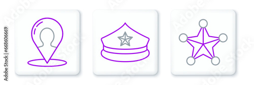 Set line Hexagram sheriff, Map marker with silhouette of person and Police cap cockade icon. Vector