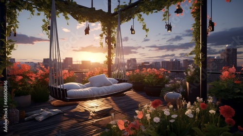 A rooftop garden with hanging swings, suspended loungers, and lush, overhanging flora.