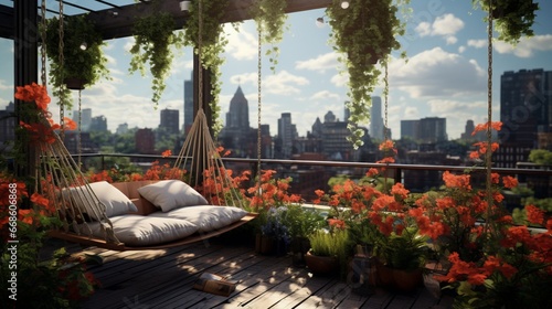 A rooftop garden with hanging swings, suspended loungers, and lush, overhanging flora. photo