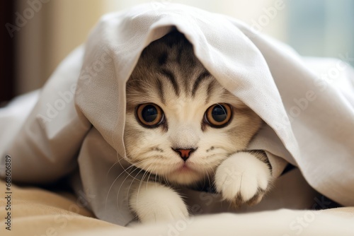 Photo of a mischievous Scottish Fold cat with its unique folded ears on a clean white sheet. Generative AI