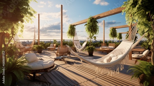 A rooftop garden with hanging swings, hammocks, and a central relaxation space. photo