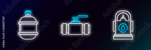 Set line Petrol or Gas station, Propane gas tank and Industry metallic pipes and valve icon. Glowing neon. Vector