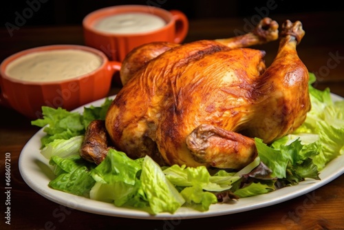 alabama chicken with white bbq sauce alongside green salad