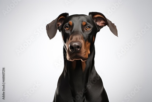 Photo of a noble Doberman Pinscher showcasing its sleek physique against a clean white backdrop. Generative AI