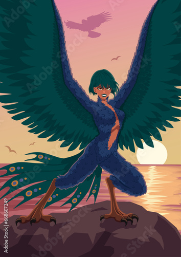 Greek mythology siren with teal wings stands on a rock by the sea, outstretching her arms. NOT AI generated.