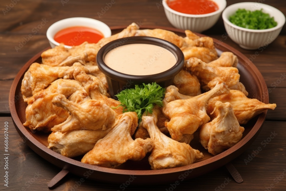 chicken pieces organized on serving platter with sauce dip