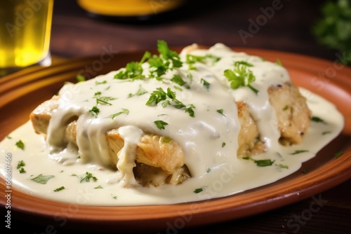 square cropped image of chicken piece soaked in white sauce