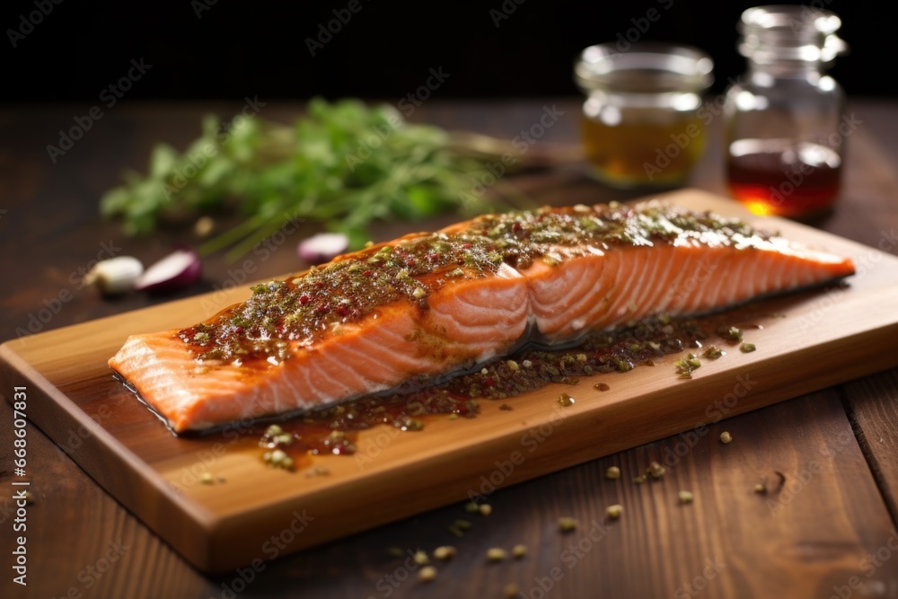 salmon fillet in pool of apple cider bbq sauce on chopping board salmon fillet in pool of apple cider bbq sauce on chopping board