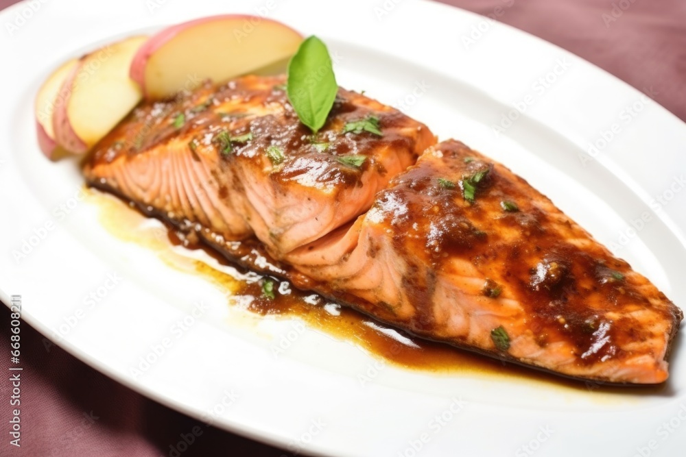 close-up shot of apple cider bbq salmon on a white plate close-up shot of apple cider bbq salmon on a white plate