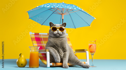 Portrait shot of cat with cute face with beach umbrella and some drink cocktail,colorful moody studio background.summer and vacation concepts photo