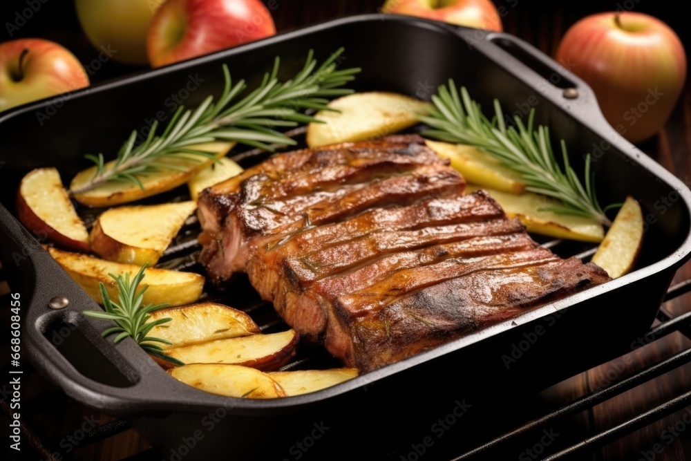 smoked ribs in a grill pan with apple slices and rosemary