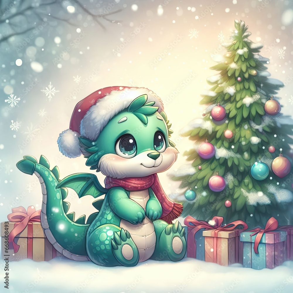 image of the symbol of 2024, a small green dragon in a Santa Claus hat waiting for a miracle near a decorated Christmas tree image of the symbol of 2024, a small green dragon in a Santa Claus hat waiting for a miracle near a decorated Christmas tree