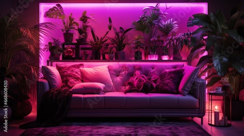 The interior of the living room with a sofa and indoor plants at night with pink neon lighting. 3D rendering