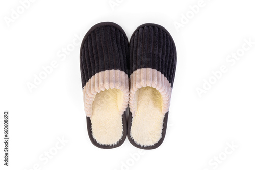 Men's grey house slippers isolated on white background. Top view.