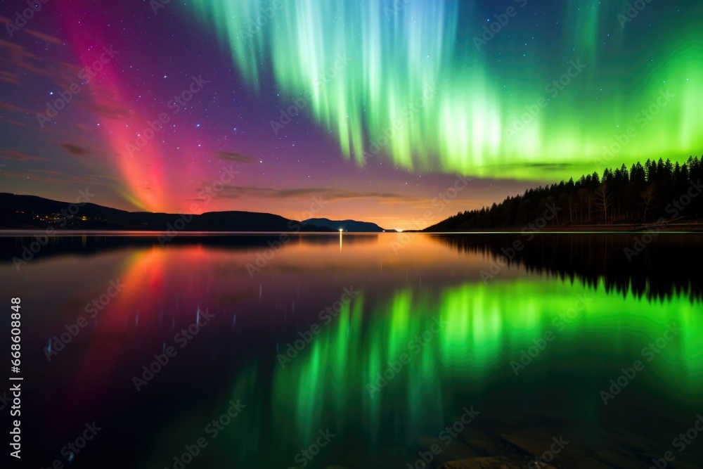 reflection of an aurora borealis in calm lake water