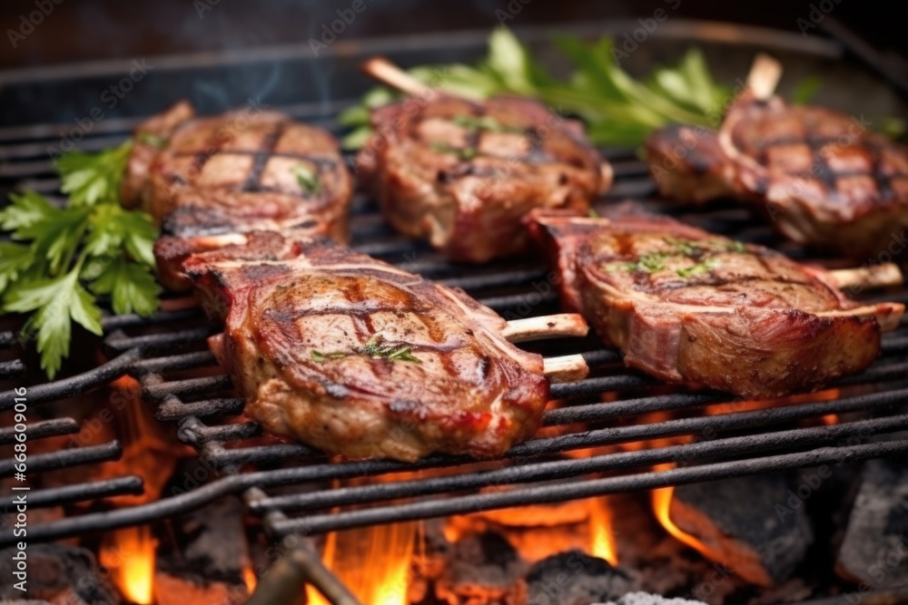 lamb chops sizzling with rustic spices on grill