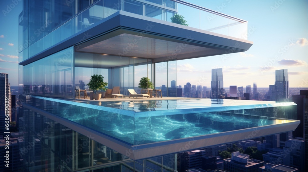 A rooftop pool with a transparent side extending over the edge of the building.
