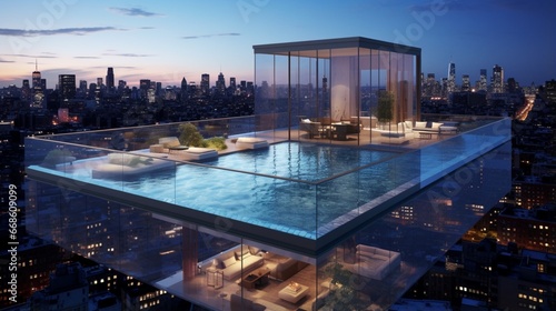 A rooftop pool with a transparent side extending beyond the building's edge.