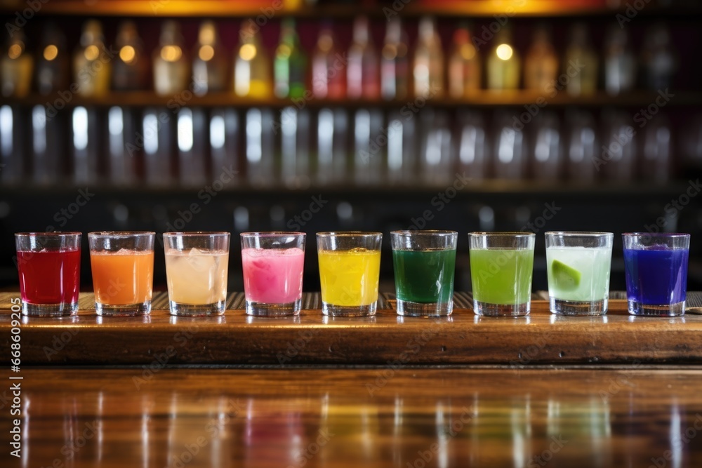 colorful cocktails lined up on a bar counter
