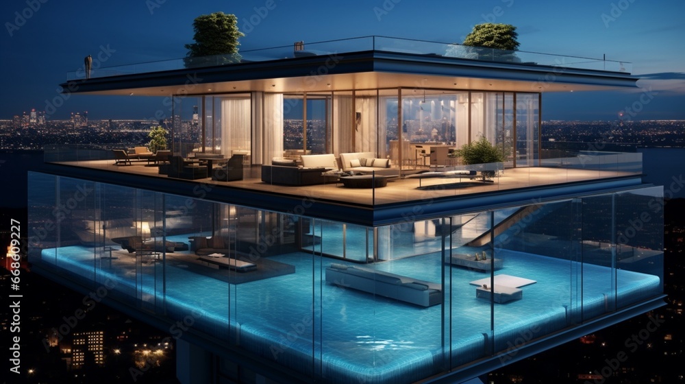 Obraz premium A rooftop pool with a glass-bottom section showcasing the interior of the home.