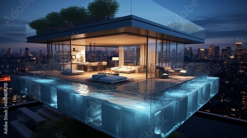 A rooftop pool with a glass-bottom section showcasing the interior of the home. © Adeel  Hayat Khan