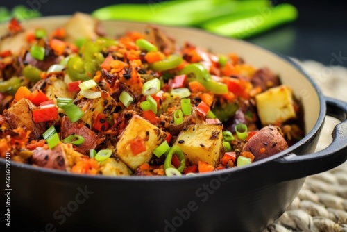 close-up of bbq potato salad with a visible mix of ingredients