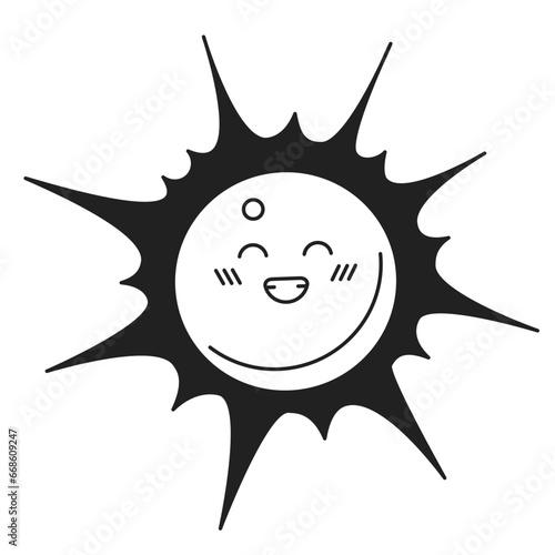 Grinning sun head black and white 2D cartoon character. Happiness toothy smile sunshine isolated vector outline personage. Summer weather. Smiling sunny monochromatic flat spot illustration
