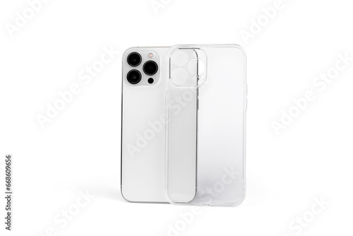 Silicone transparent phone case with white smartphone isolated on white background. photo