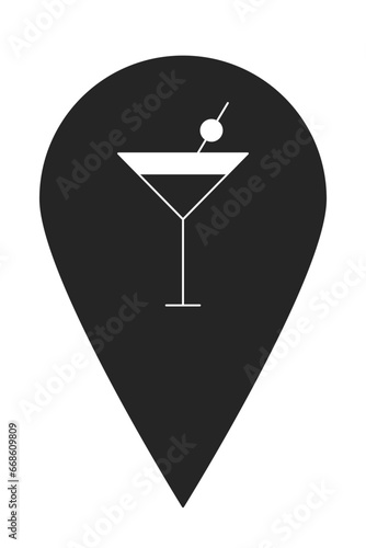 Nightclub cocktail bar map pinpoint black and white 2D line cartoon object. Martini glass location mark isolated vector outline item. Alcohol drink bar pin mapping monochromatic flat spot illustration