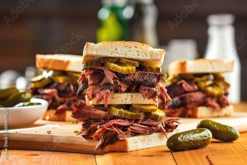 stacked barbecue beef brisket sandwiches with pickles