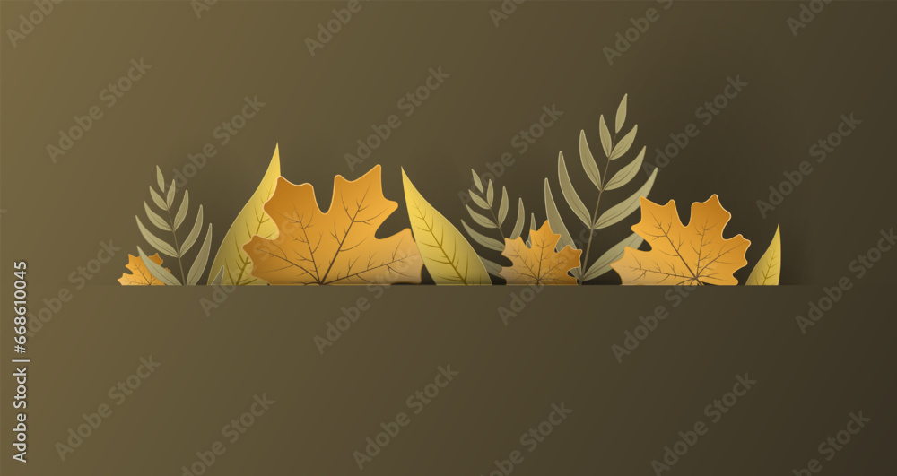 Autumn leaves background in paper cut style. Vector 3d illustration of different color leaf, with realistic shadow. Cut out of cardboards elements, decoration of autumn holiday for web or banner.