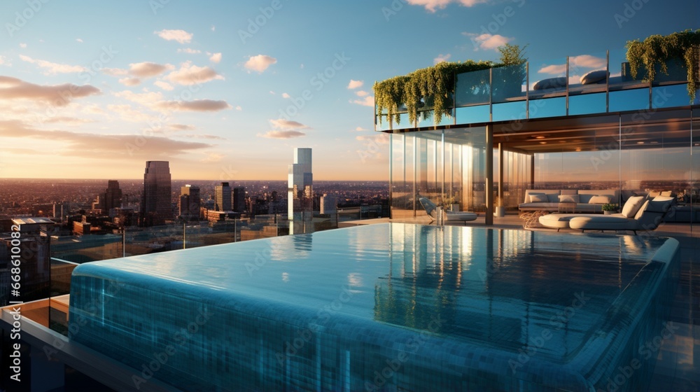 Fototapeta premium A rooftop pool with a transparent side offering a view of the bustling city below.