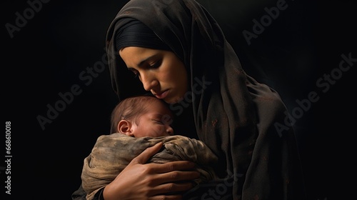 A touching moment as a mother wearing a headscarf cradles her sleeping newborn child against a dark backdrop, highlighting the deep bond between them.