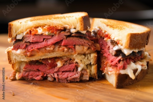 cross-section of a fully-loaded bbq beef sandwich