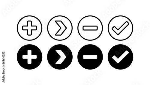 Plus, arrow, minus, checkmark icons. Outline, plus, arrow, minus, checkmark icons. Vector icons