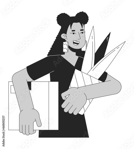 Latin american woman happy to leave work black and white 2D line cartoon character. Hispanic female quitting employee isolated vector outline person. Resignation monochromatic flat spot illustration