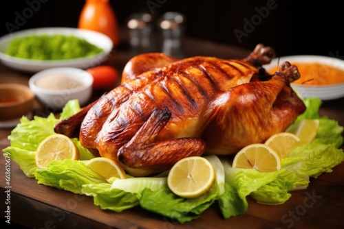 whole barbecue chicken resting on a bed of lettuce