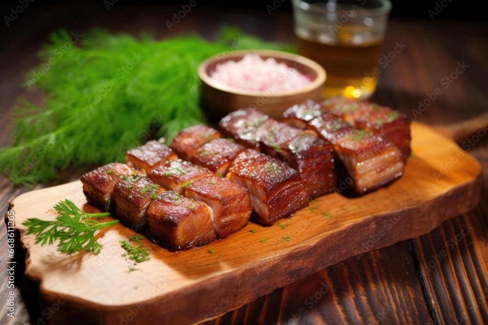 barbecued pork belly next to fresh herbs on a table