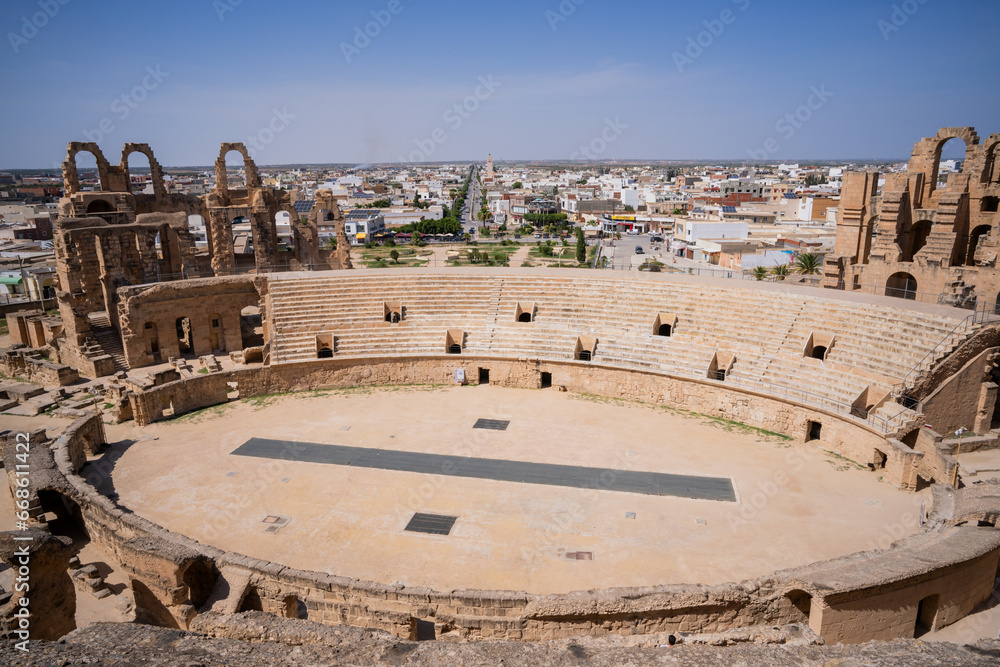 El Jem Coliseum. The largest Roman amphitheater in Africa. Unesco World Heritage.