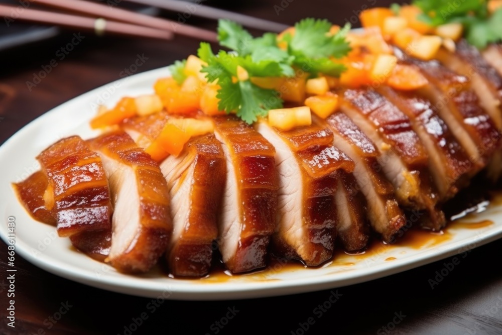 bbq pork belly cut into thin slices on a plate bbq pork belly cut into thin slices on a plate