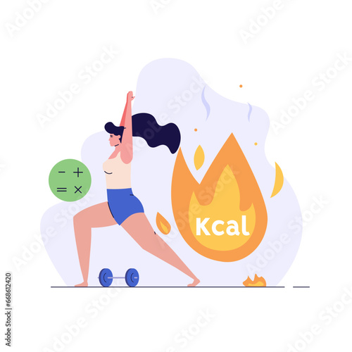 Happy woman losing weight with diet plan. Concept of calories count, diet app for nutrition and dieting, weight loss calculator. Girl burning fat with meal plan. Vector illustration in flat
