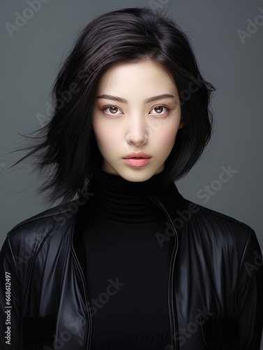 female asian model posing in black t-shirt 