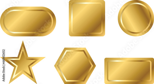 Gold button of different geometric shapes with frames and shine light effect. Vector illustration