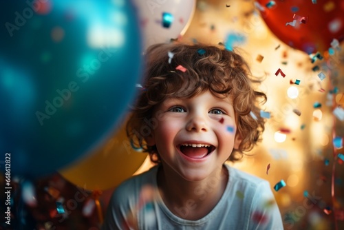 Cute little boy with balloons, birthday party having fun